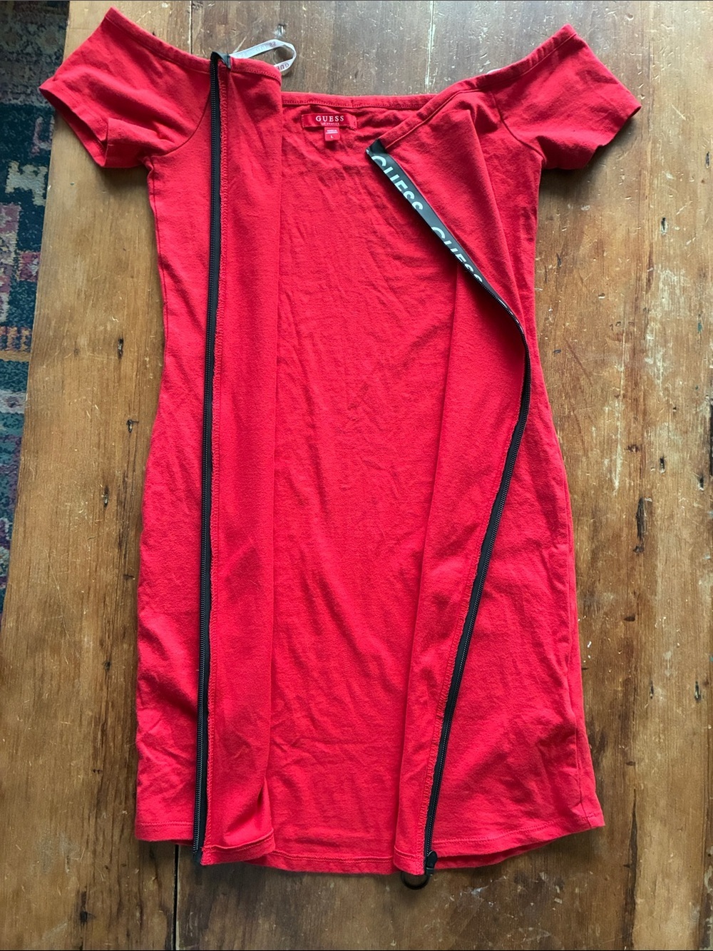 Y2K Guess Logo Zip Bodycon Dress | Off Shoulder Red Midi | Size L (Fits M-L) - Picture 5 of 7